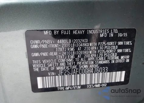 2016 Subaru Forester 2.5I Premium from USA, damaged, VIN JF2SJAFC0GH476033